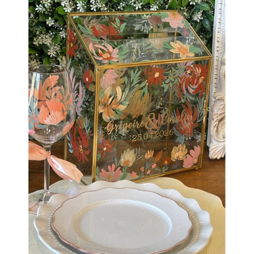 Urne de Mariage en Verre Personnalisée – Peinte à la Main avec Finitions Dorées