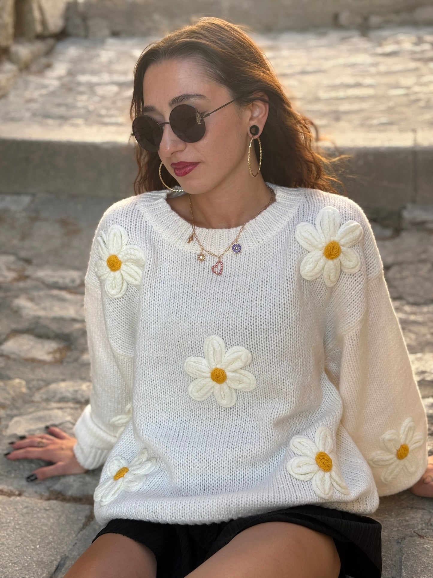 Pull avec Marguerites tendance middle saison pop coloré