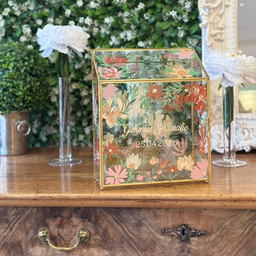 Urne de Mariage en Verre Personnalisée – Peinte à la Main avec Finitions Dorées