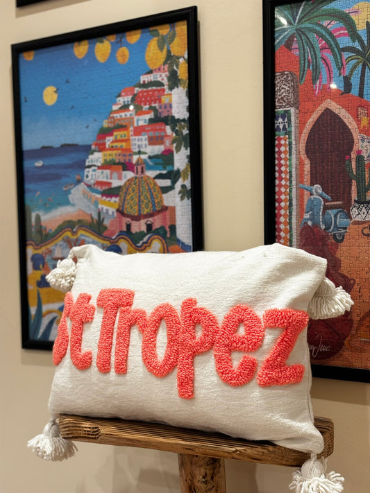 Coussin Berbère St Tropez 60x45 cm – Coussin tendance artisanal marocain avec pompons | Housse déhoussable
