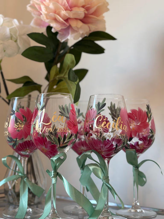 COFFRET DUO Verre vin peinture florale fait main personnalisé avec prénom idéal cadeau de couple mariage
