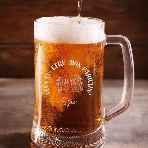 Chôpe bière personnalisée/ demande parrain/ fête des pères/ cadeau parrain / baptême / verre bière gravure personnalisée